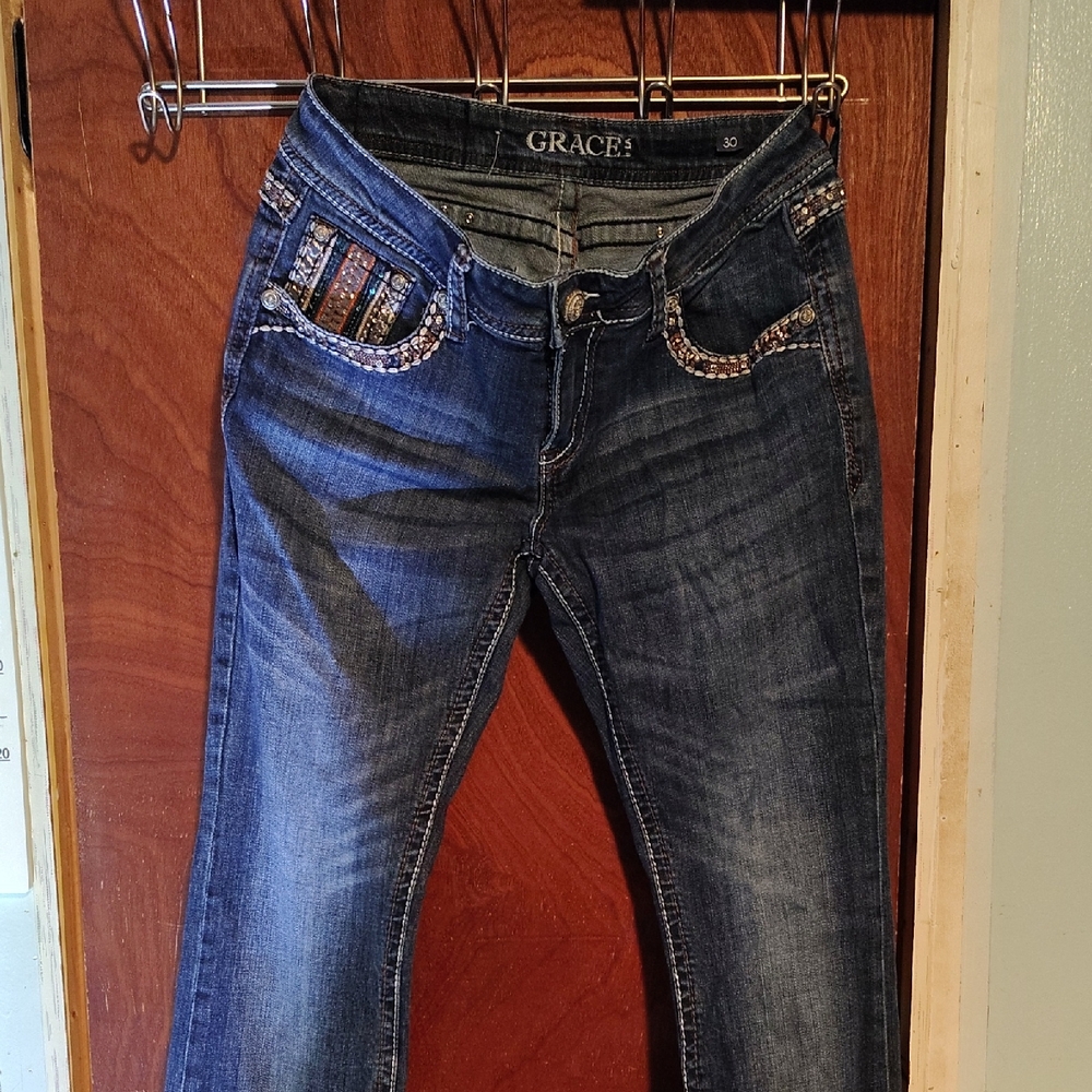 Grace In LA Women's Dark Blue Boot Cut Jeans with Embellished Pockets